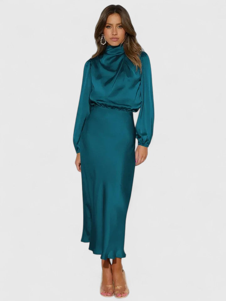 Women's High Neck A-Line Maxi Dress with Lantern Sleeves in Blue