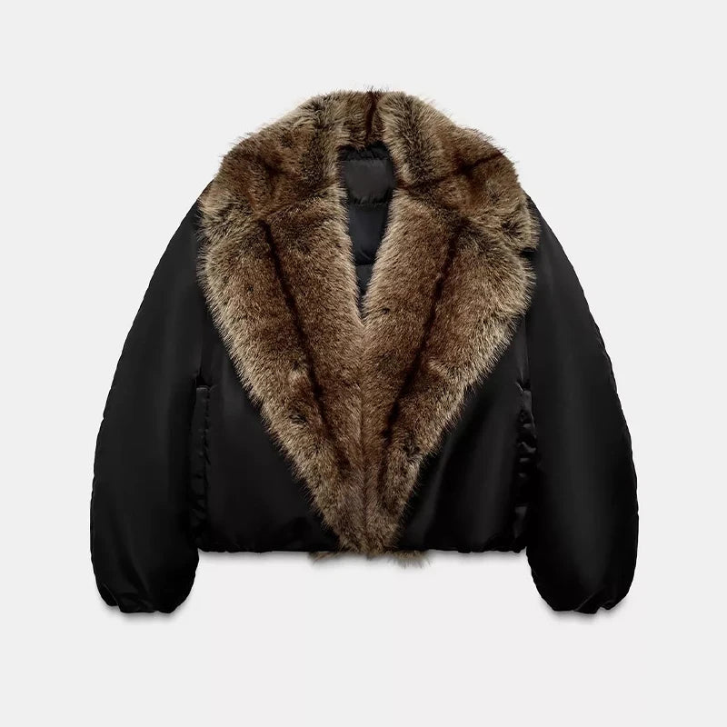 Women's Faux Fur Coat, Cropped Patchwork Lapel Warm Winter Jacket