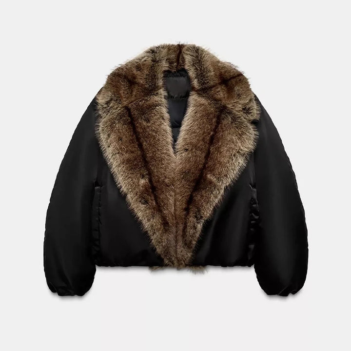 Women's Faux Fur Coat, Cropped Patchwork Lapel Warm Winter Jacket
