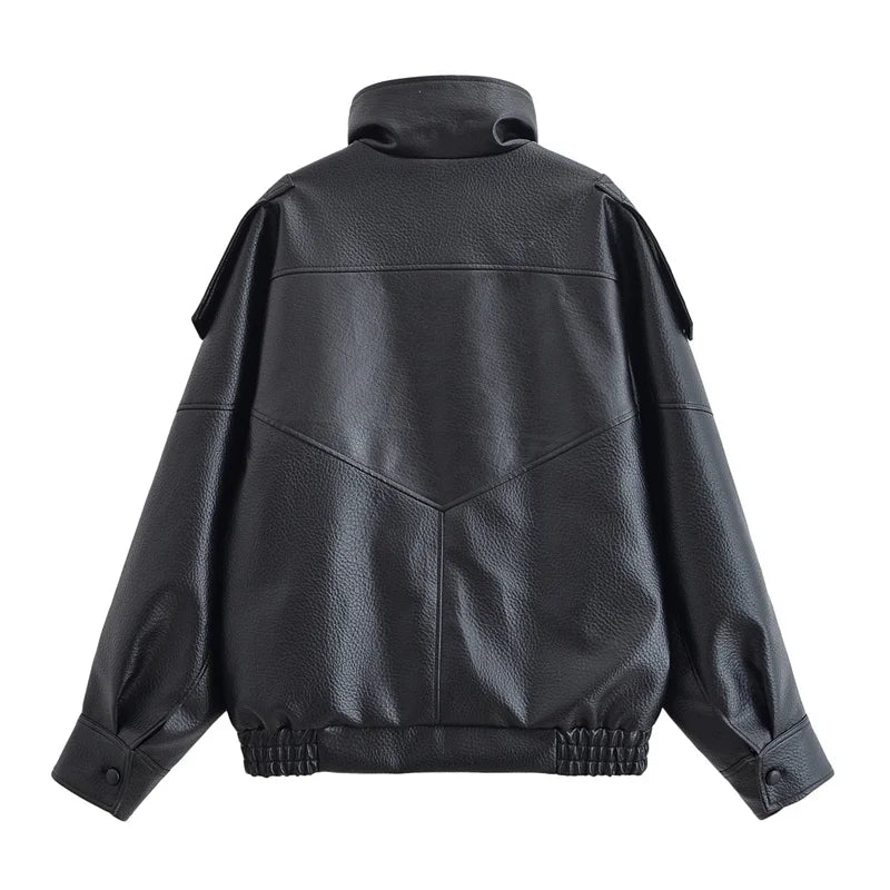 Women's Faux Leather Jacket, Pebble Grain Moto Biker Coat