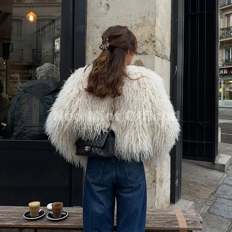 Women's Cropped Faux Fur Coat, Fluffy Round Neck Warm Winter Jacket