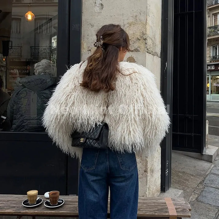 Women's Cropped Faux Fur Coat, Fluffy Round Neck Warm Winter Jacket