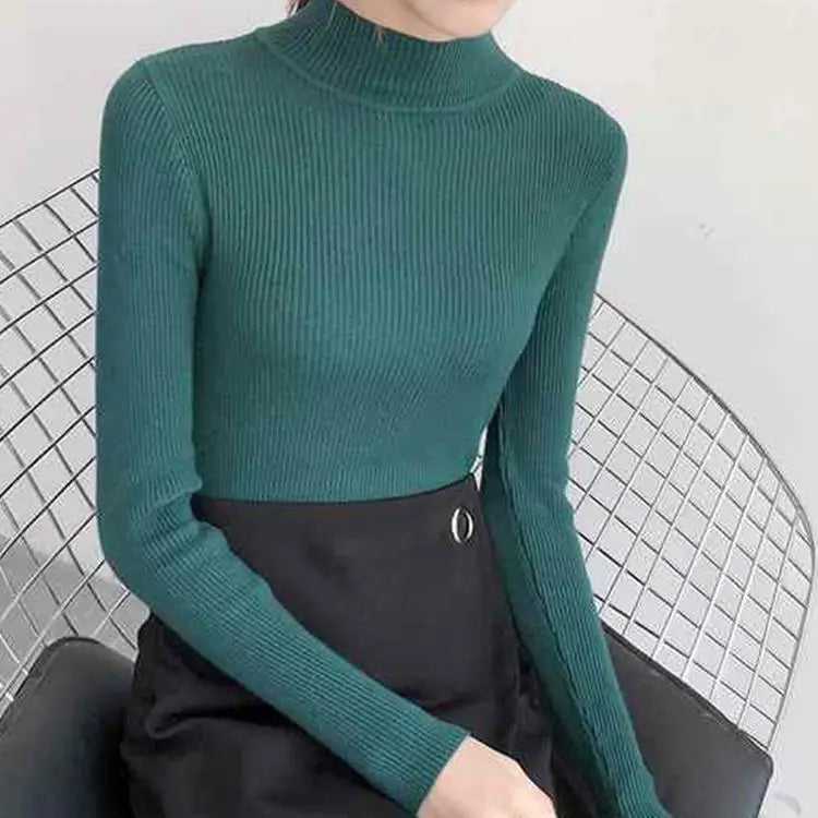 Women's Slim-Fit Mock Neck Knit Sweater in Green