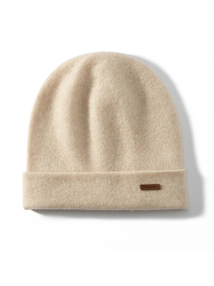 Double-Layer Cashmere Knit Winter Beanie in Khaki