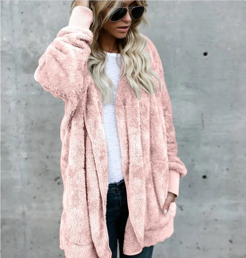 Women's Fleece Jacket, Oversized Hooded Sherpa Cardigan Coat