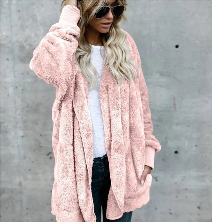 Women's Fleece Jacket, Oversized Hooded Sherpa Cardigan Coat