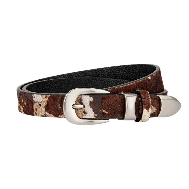 Women's Animal Print Leather Belt with Metal Buckle in Brown
