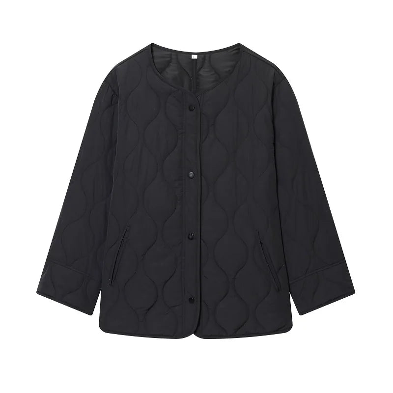 Women's Quilted Jacket, Black Padded Long Sleeve Winter Coat