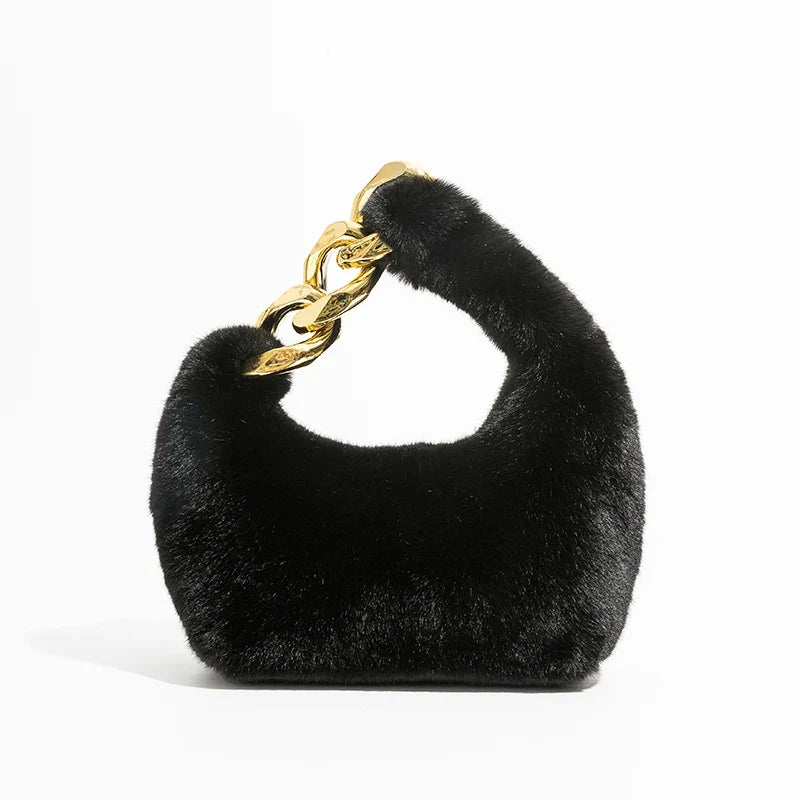 Women's Faux Fur Crescent Shoulder Bag with Chain Strap, view 7