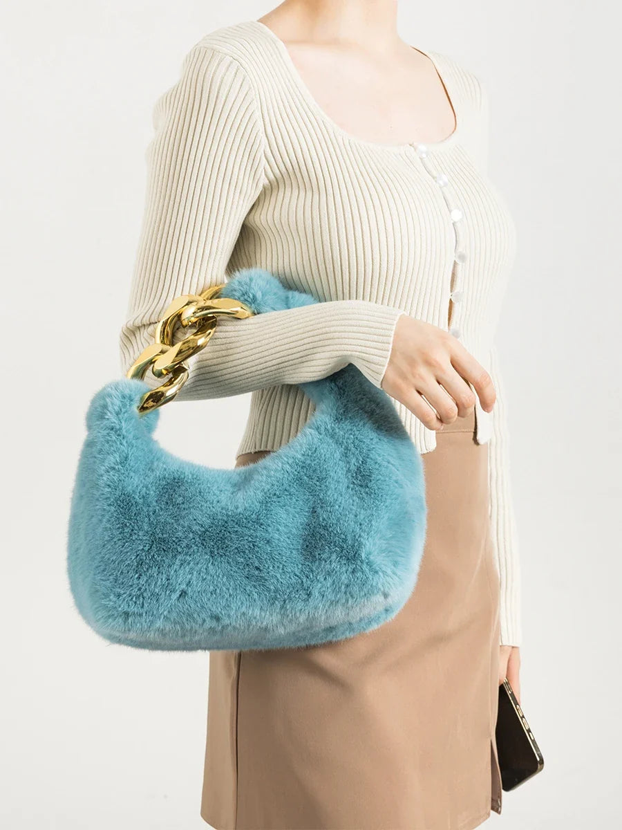 Women's Faux Fur Crescent Shoulder Bag with Chain Strap in Blue