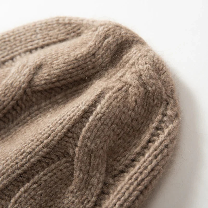 Women's Chunky Cable Cashmere Beanie with Ribbed Cuff, view 16
