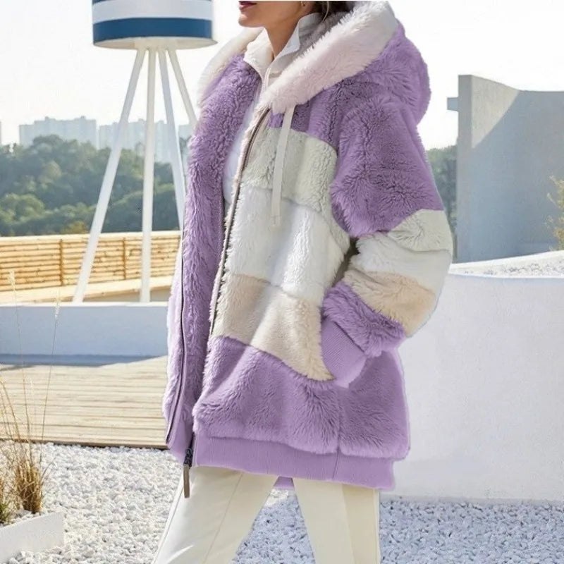 Women's Oversized Plush Hooded Fleece Jacket, view 3