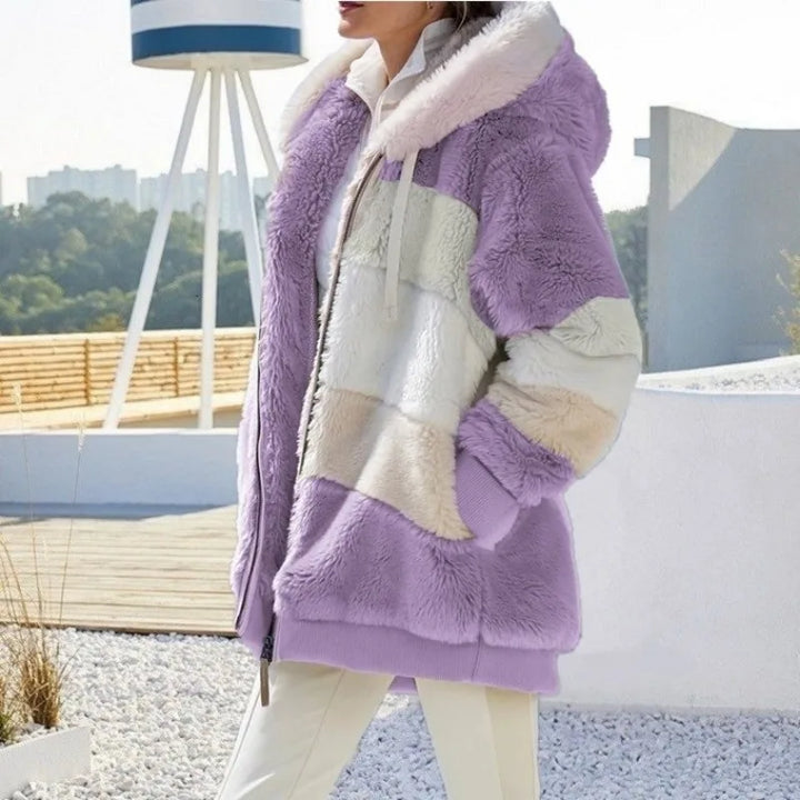 Women's Fleece Jacket, Oversized Plush Hooded Zip Up Winter Coat