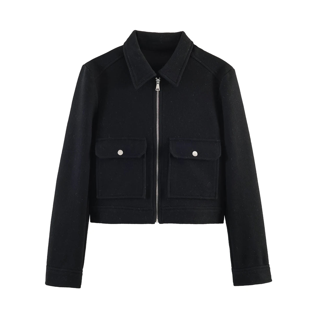 Women's Short Zip Up Jacket, Winter Pocket Coat Elegant Outerwear