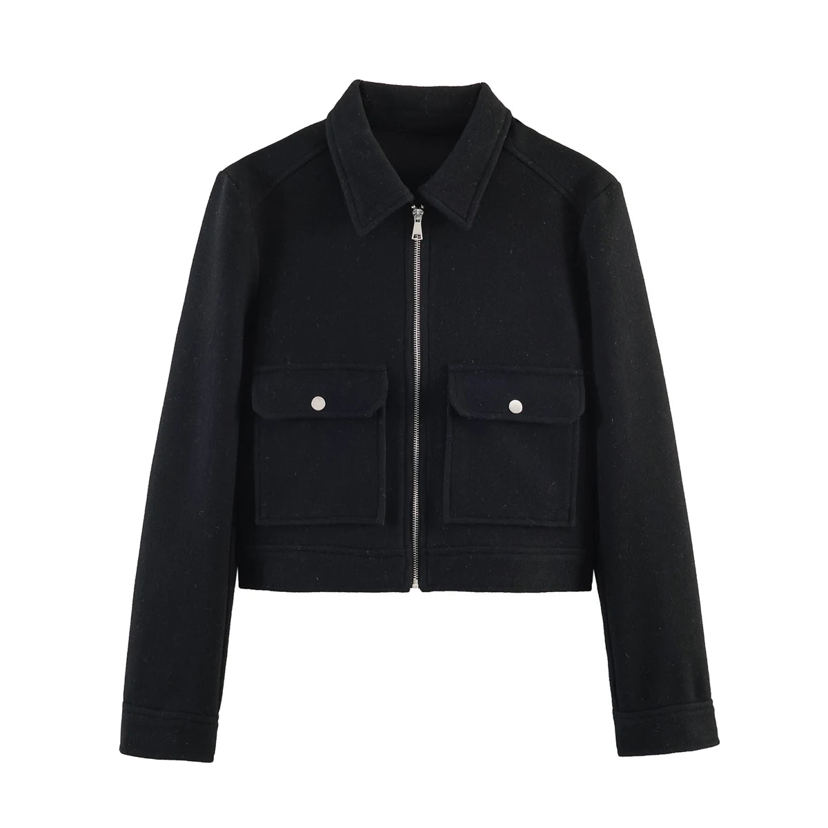 Women's Short Zip-Up Jacket with Side Pockets in Black