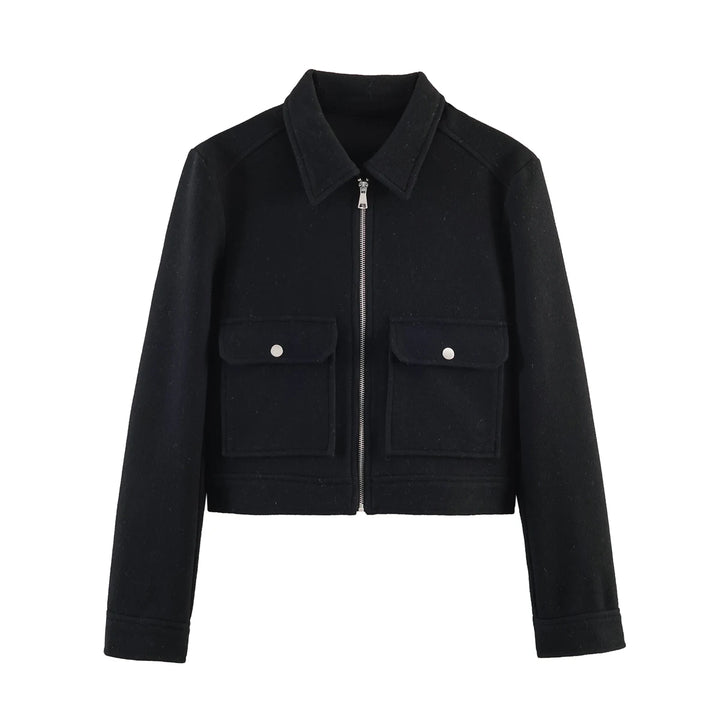 Women's Short Zip Up Jacket, Winter Pocket Coat Elegant Outerwear