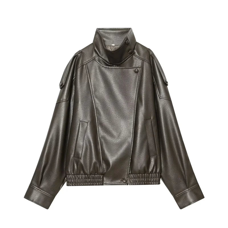 Women's Pebble-Grain Faux Leather Moto Jacket in Army Green