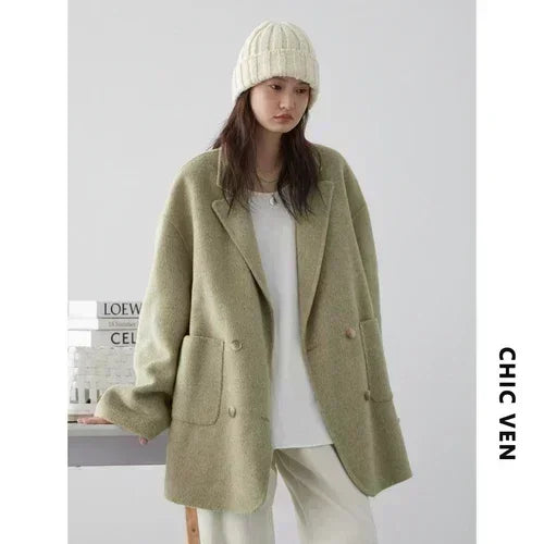 Women's Loose Double-Breasted Retro Coat in Banana Green