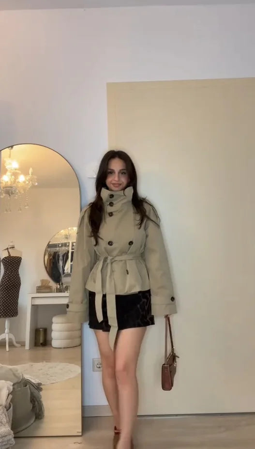 Women's Cropped Trench Coat, Belted Double Breasted Fall Jacket