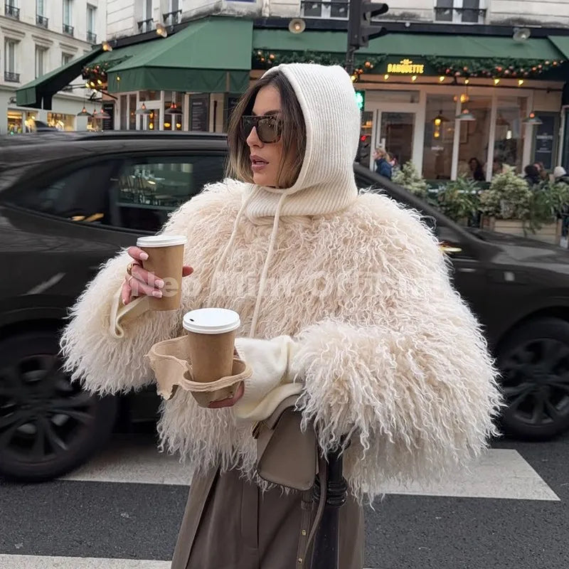 Women's Cropped Round Neck Faux Fur Coat in Beige