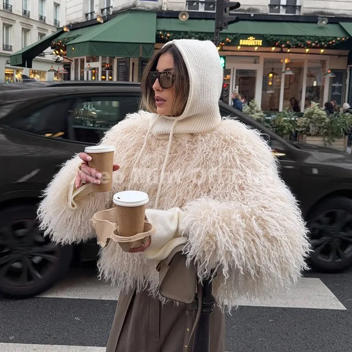 Women's Cropped Faux Fur Coat, Fluffy Round Neck Warm Winter Jacket