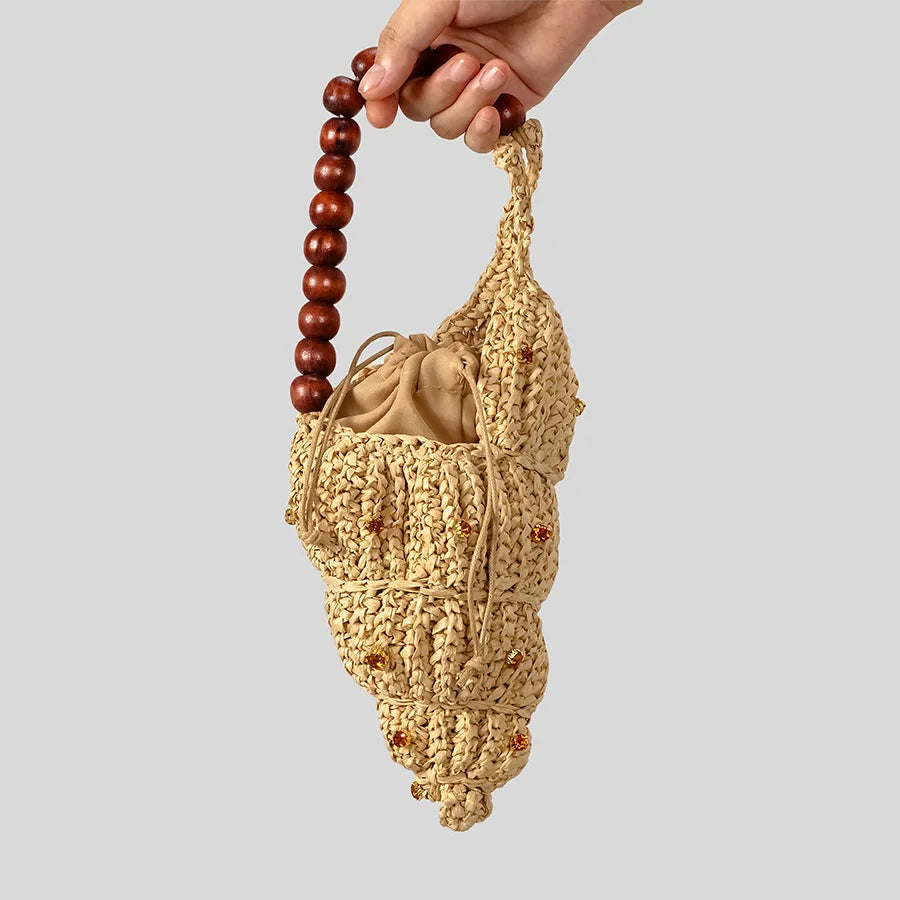 Women's Beige Woven Shell Bag with Wooden Bead Handle