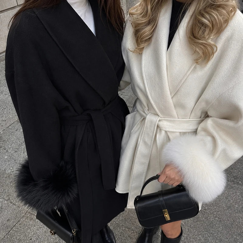 Women's Wool Blend Coat, Double Sided Short Overcoat with Fur Collar