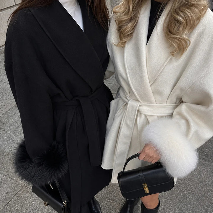 Women's Wool Blend Coat, Double Sided Short Overcoat with Fur Collar
