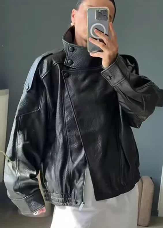 Women's Faux Leather Jacket, Pebble Grain Moto Biker Coat