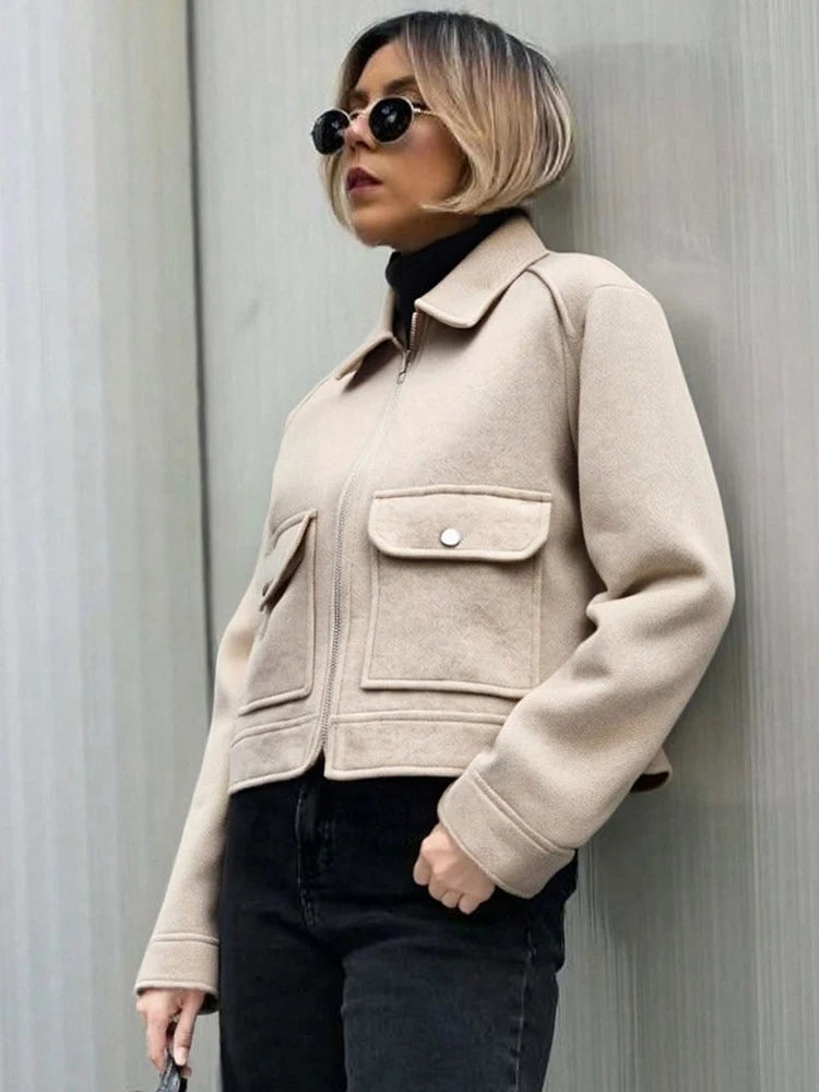Women's Short Zip Up Jacket, Winter Pocket Coat Elegant Outerwear