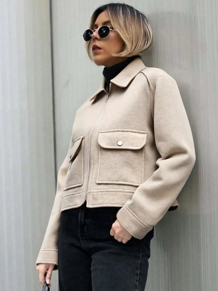 Women's Short Zip Up Jacket, Winter Pocket Coat Elegant Outerwear