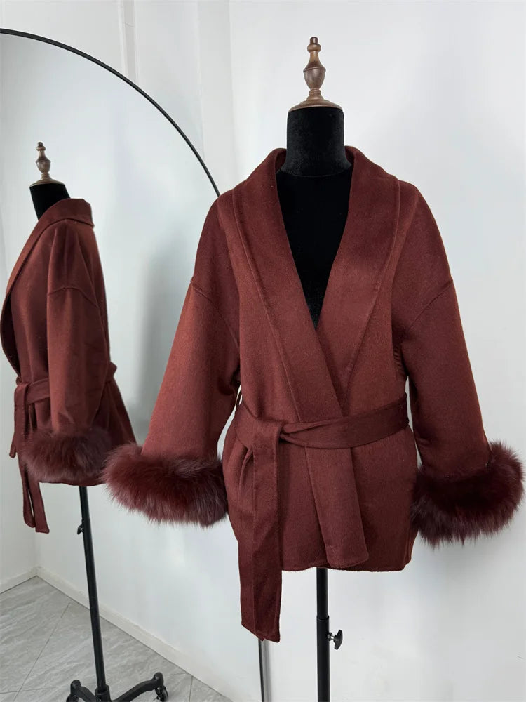 Women's Wool Coat, Double Sided Short Overcoat with Collar Detail