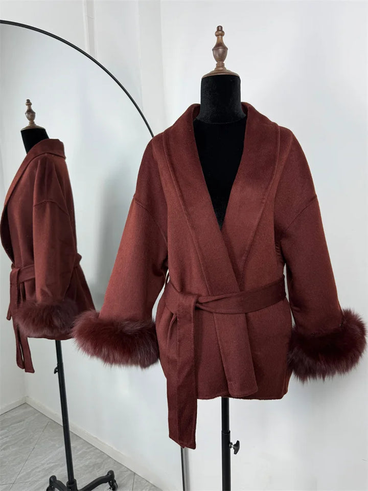 Women's Wool Coat, Double Sided Short Overcoat with Collar Detail