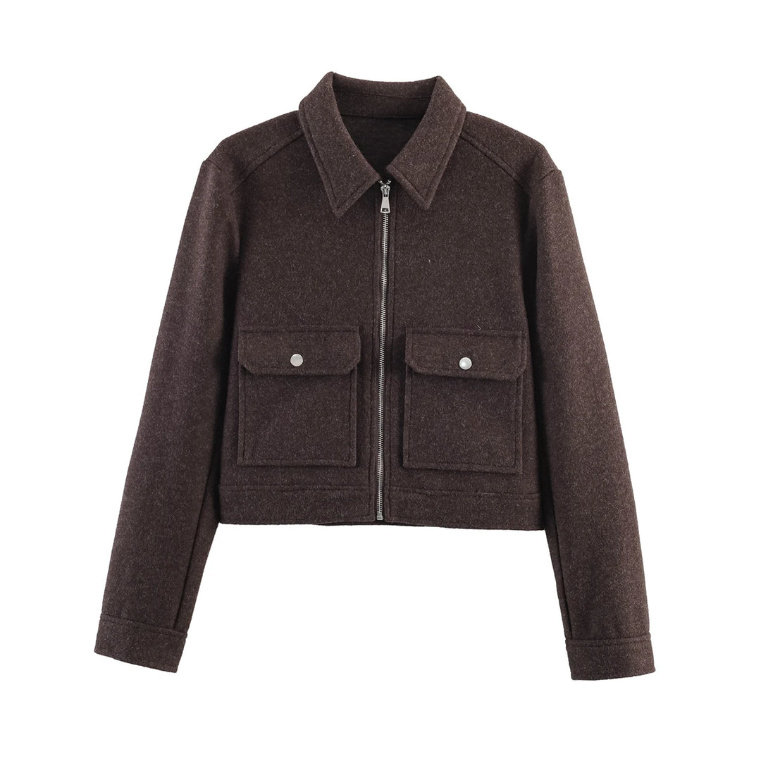 Women's Short Zip Up Jacket, Winter Pocket Coat Elegant Outerwear