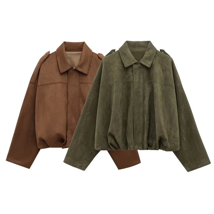 Women's Bomber Jacket, Faux Suede Zip Up Oversized Varsity Coat