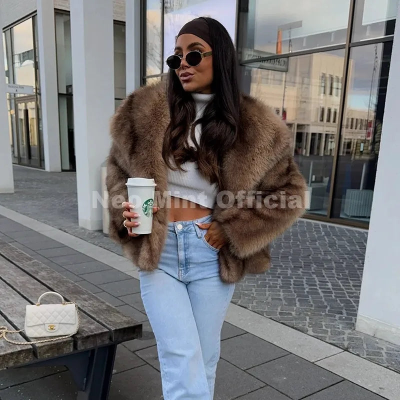 Women's Striped Faux Fur Jacket, Fluffy Collar Warm Winter Coat
