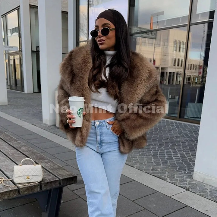 Women's Striped Faux Fur Jacket, Fluffy Collar Warm Winter Coat