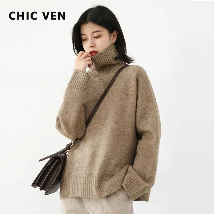 Women's Turtleneck Sweater, Loose Knit Warm Winter Pullover