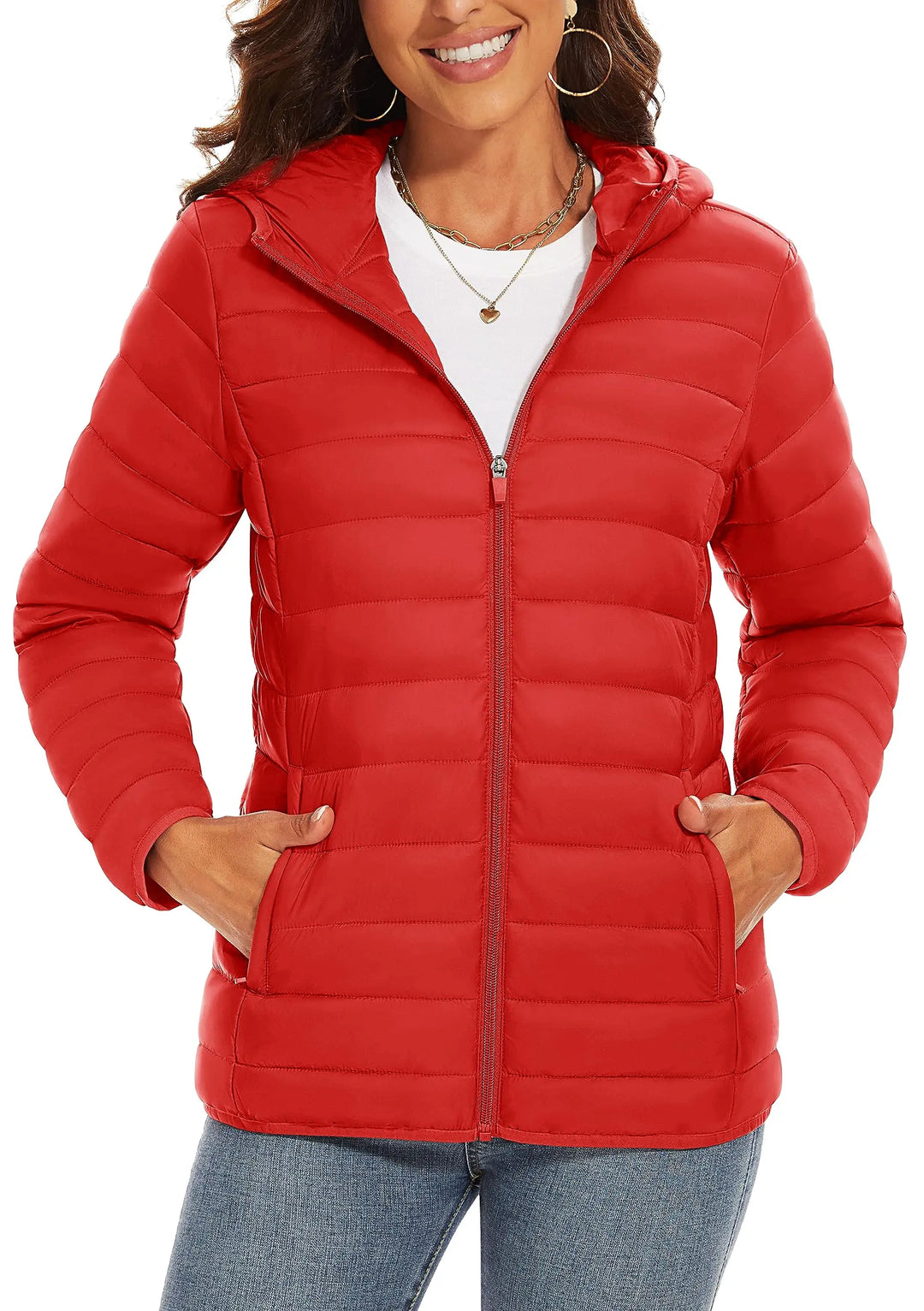Women's Hooded Puffer Jacket, Lightweight Quilted Padded Windbreaker Coat
