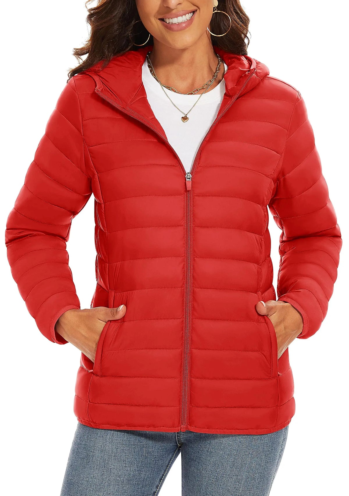 Women's Lightweight Hooded Quilted Puffer Jacket in Tomato Red
