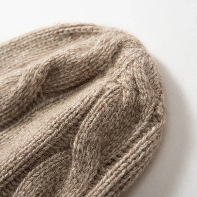 Women's Chunky Cable Cashmere Beanie with Ribbed Cuff, view 24