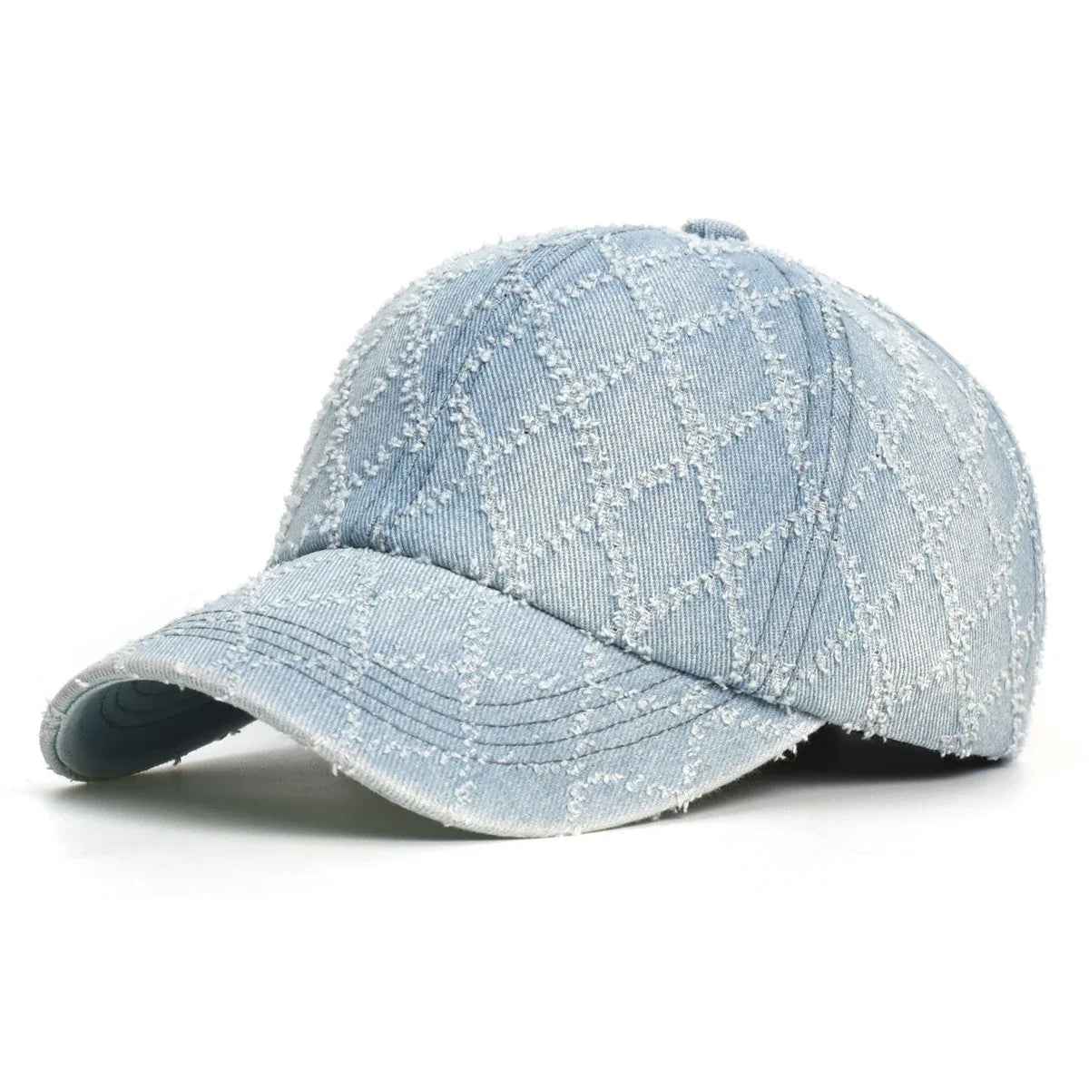 Women's Quilted Denim Baseball Cap with Frayed Edges in Sky