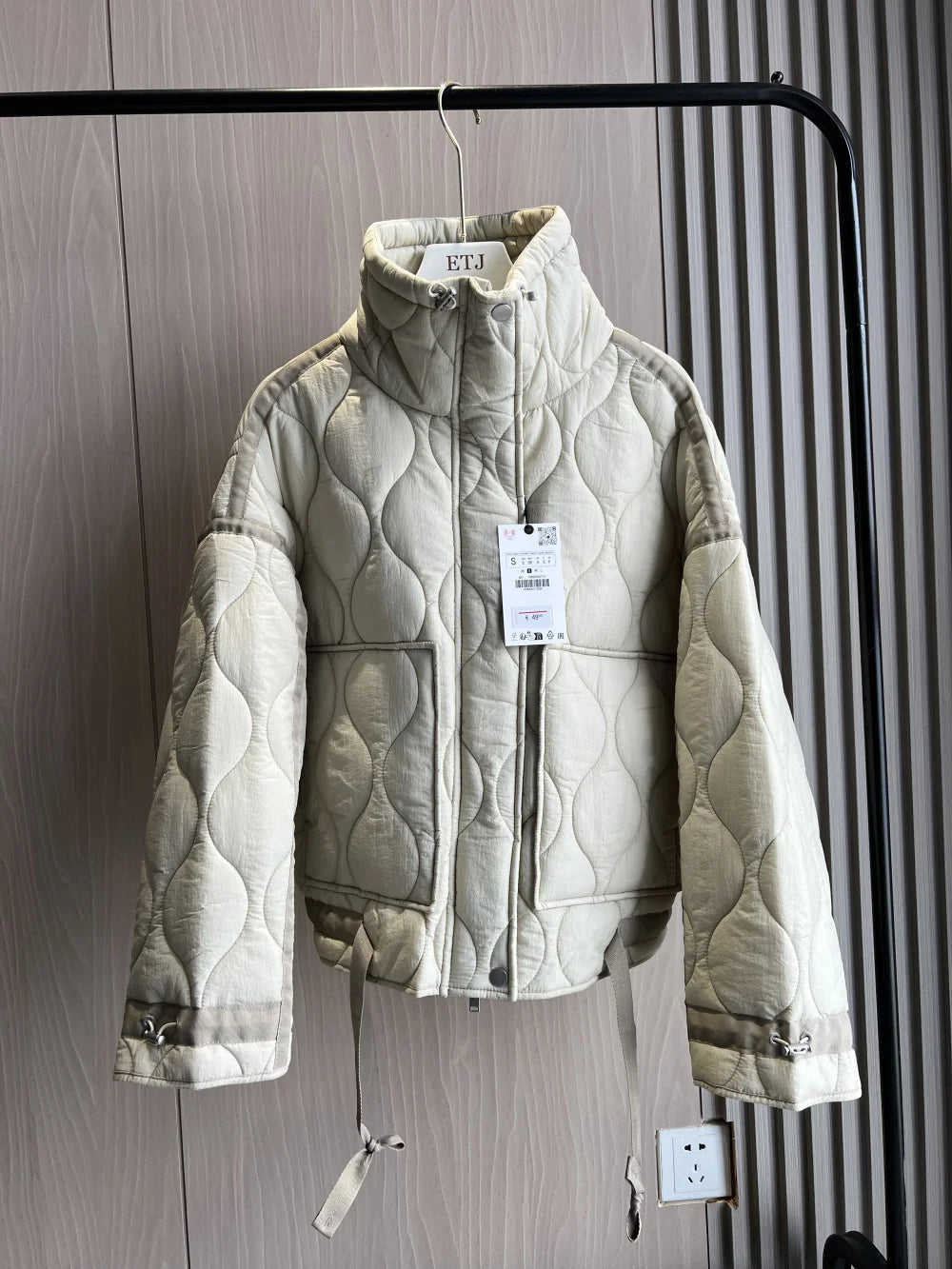 Women's Quilted Jacket, Drawstring High Neck Padded Coat with Pockets