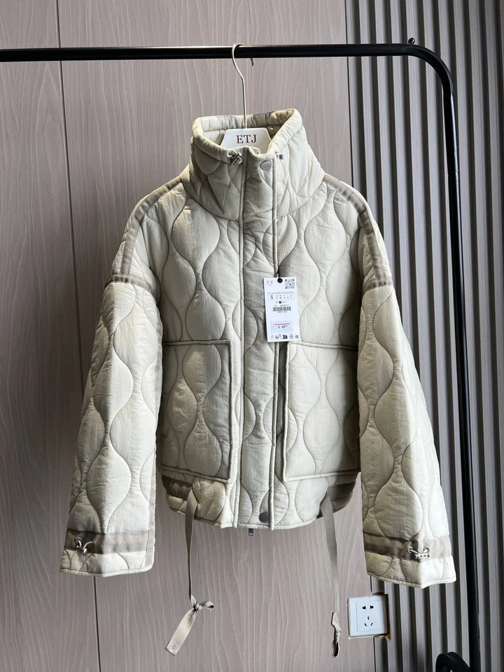 Women's Quilted Jacket, Drawstring High Neck Padded Coat with Pockets