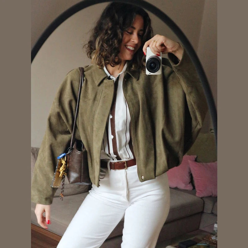 Women's Suede Bomber Jacket, Cropped Lapel Zip Up Moto Racing Coat