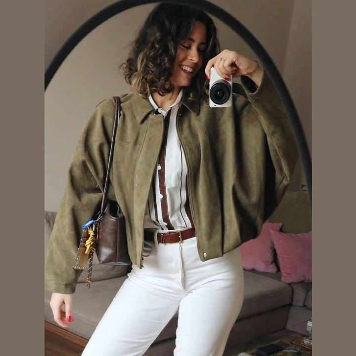 Women's Suede Bomber Jacket, Cropped Lapel Zip Up Moto Racing Coat