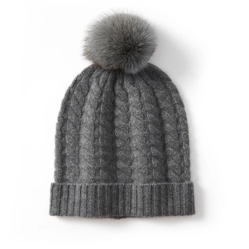 Women's Soft Knit Cashmere Beanie with Pom-Pom in Gray