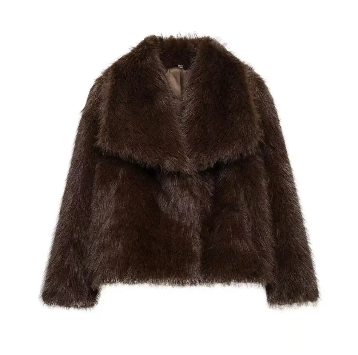 Women's Plush-Lined Faux Leather Stand Collar Jacket in Coffee