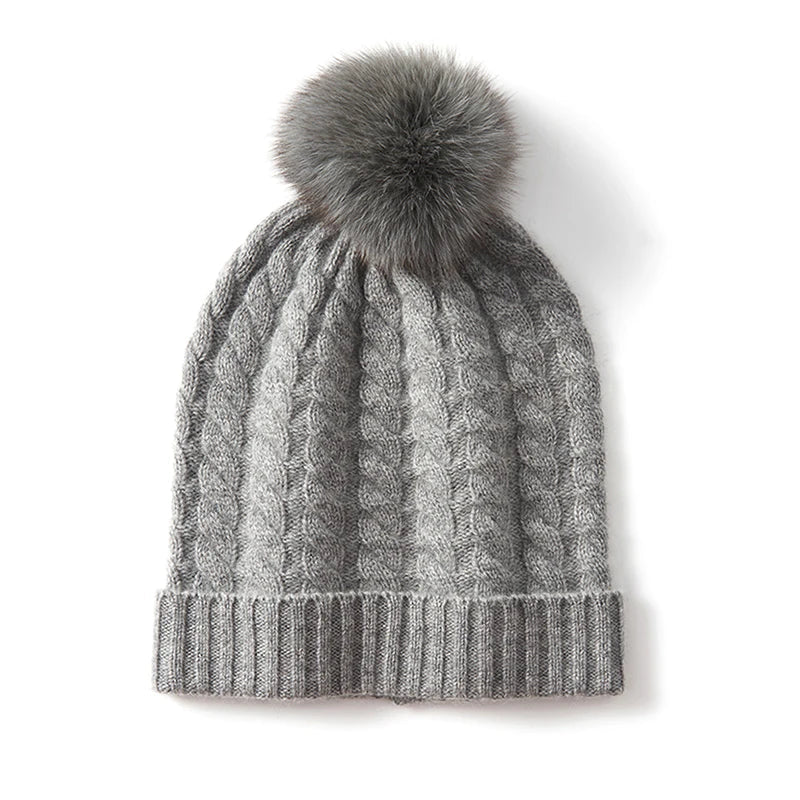 Women's Soft Knit Cashmere Beanie with Pom-Pom in Light Gray