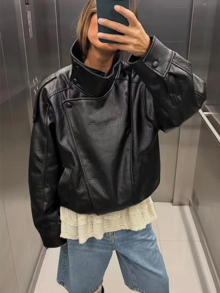 Women's Faux Leather Jacket, Loose Moto Biker Fall Winter Coat
